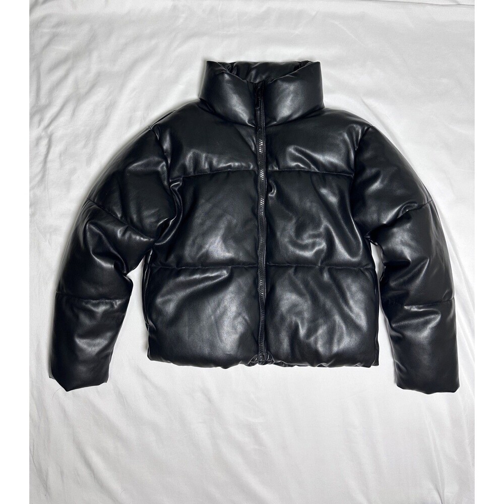 Old Navy Black Faux Leather Quilted Puffer Zip Short Women's Jacket